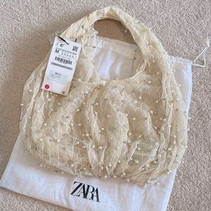 Zara NWT detailed pearl and diamond tote bag